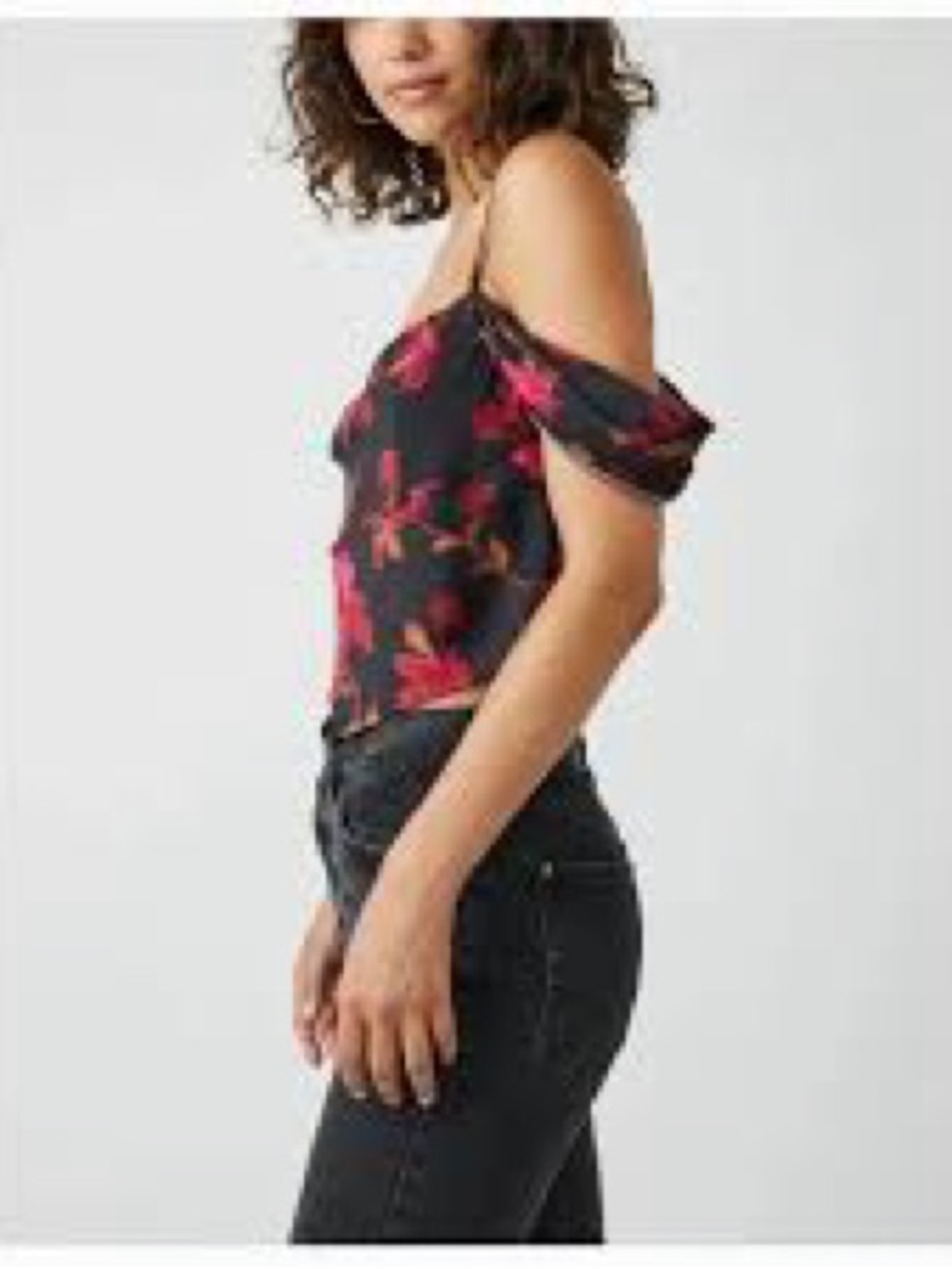 Free People Black Floral Off-Shoulder Camisole with Red and Gold Accents